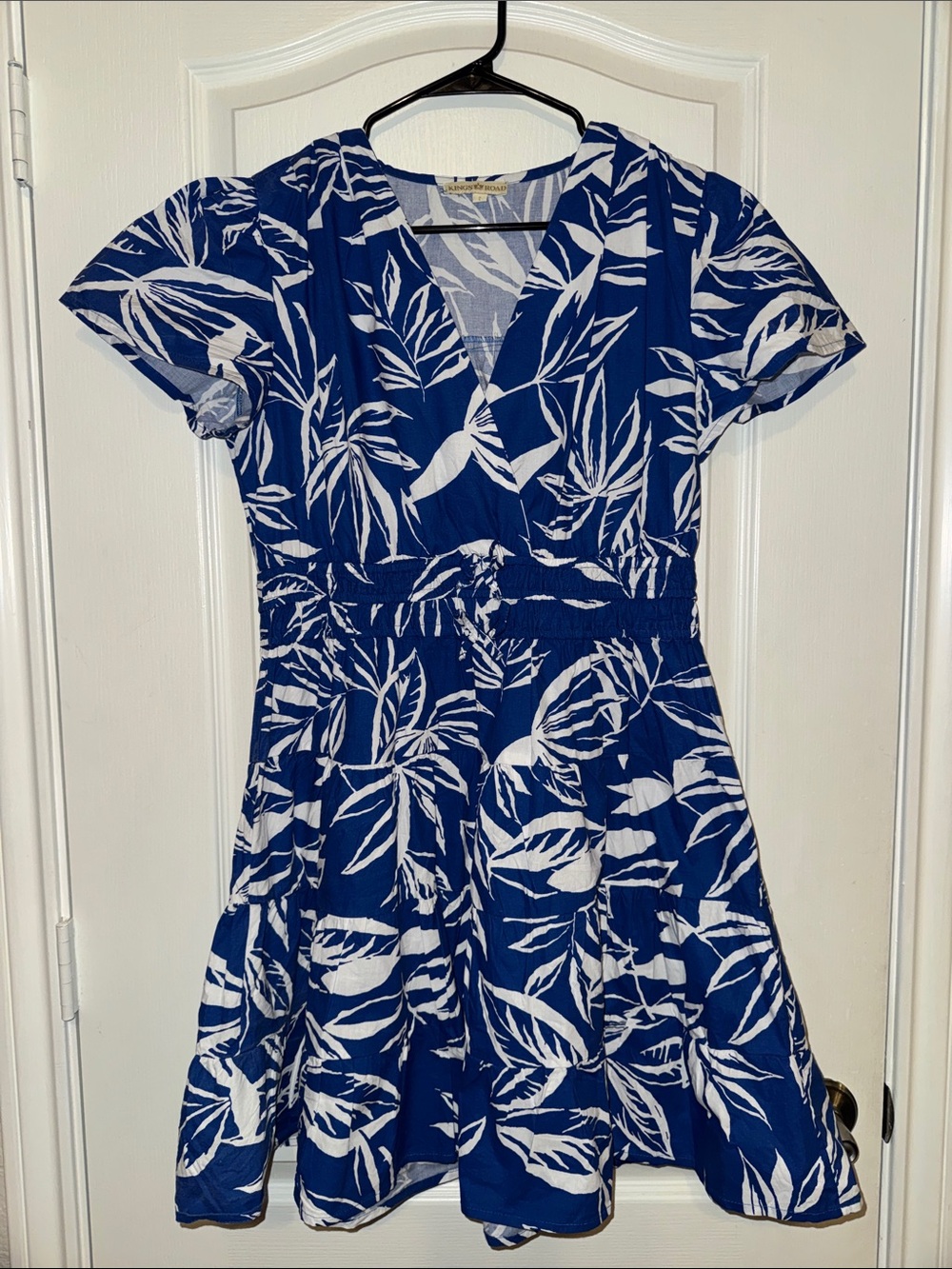 Royal Blue & White Leaf Print V-Neck Mini Dress